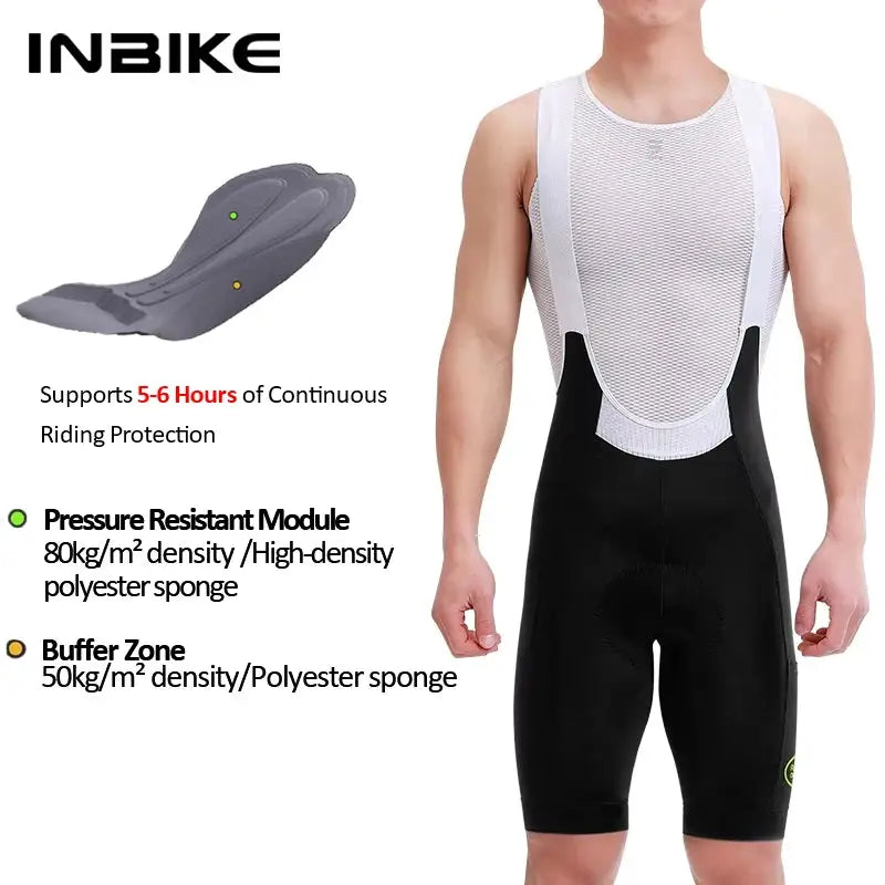 INBIKE men's cycling bib shorts, high-waisted breathable black with white mesh upper