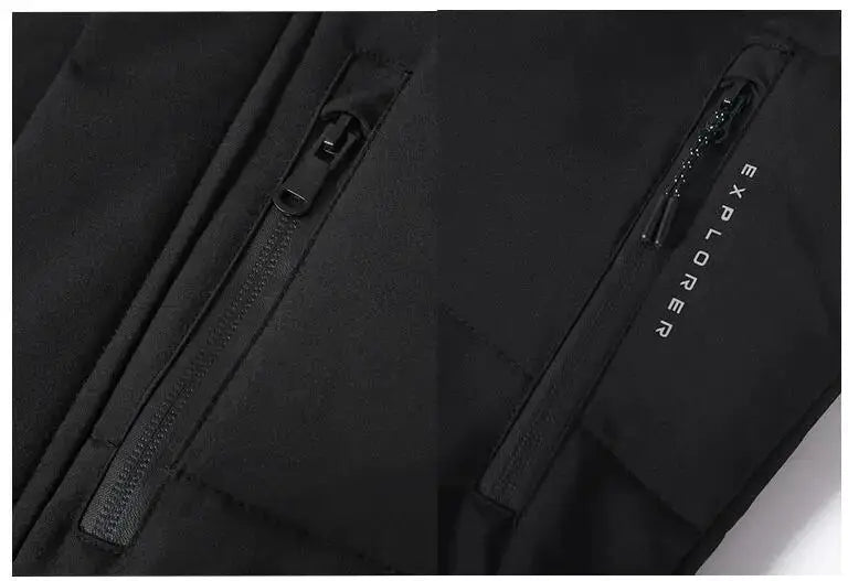 Men's black hooded short puffer jacket with zip pockets by Explorer