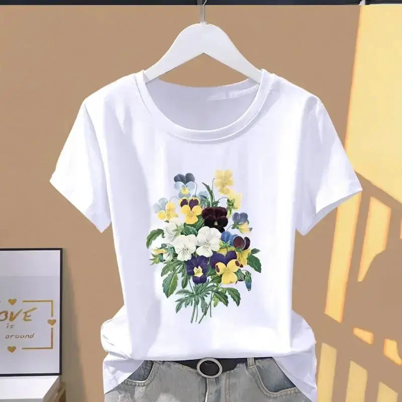 Women Floral Print Oversized Short Sleeve T Shirt Graphic Tee Casual Everyday Summer Top