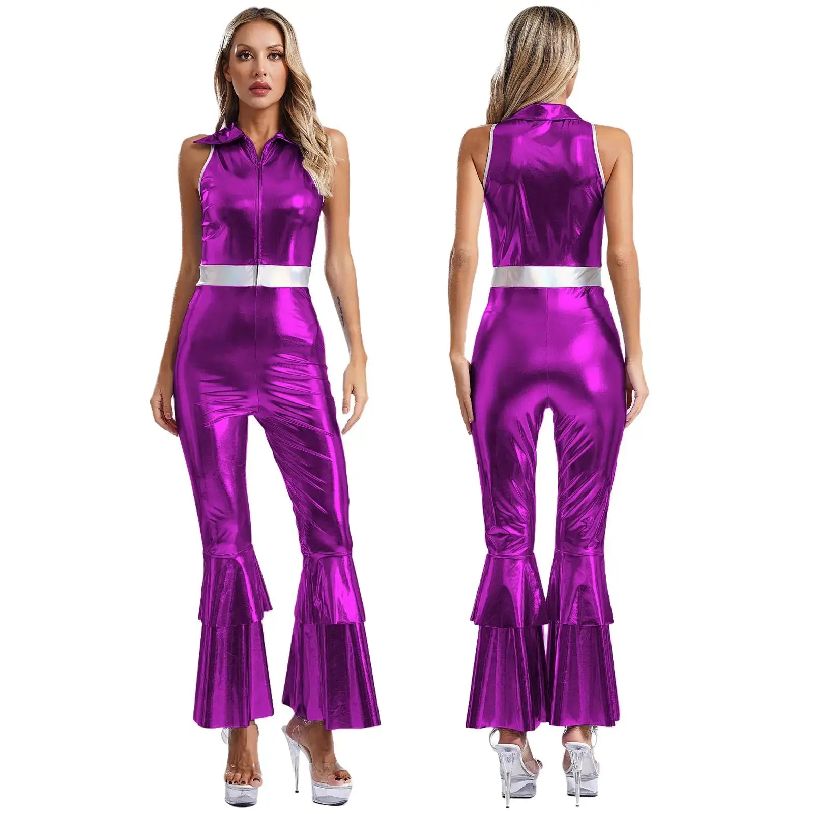 Womens disco jumpsuit, metallic purple with white belt, sleeveless top and flared pants (2 shown)