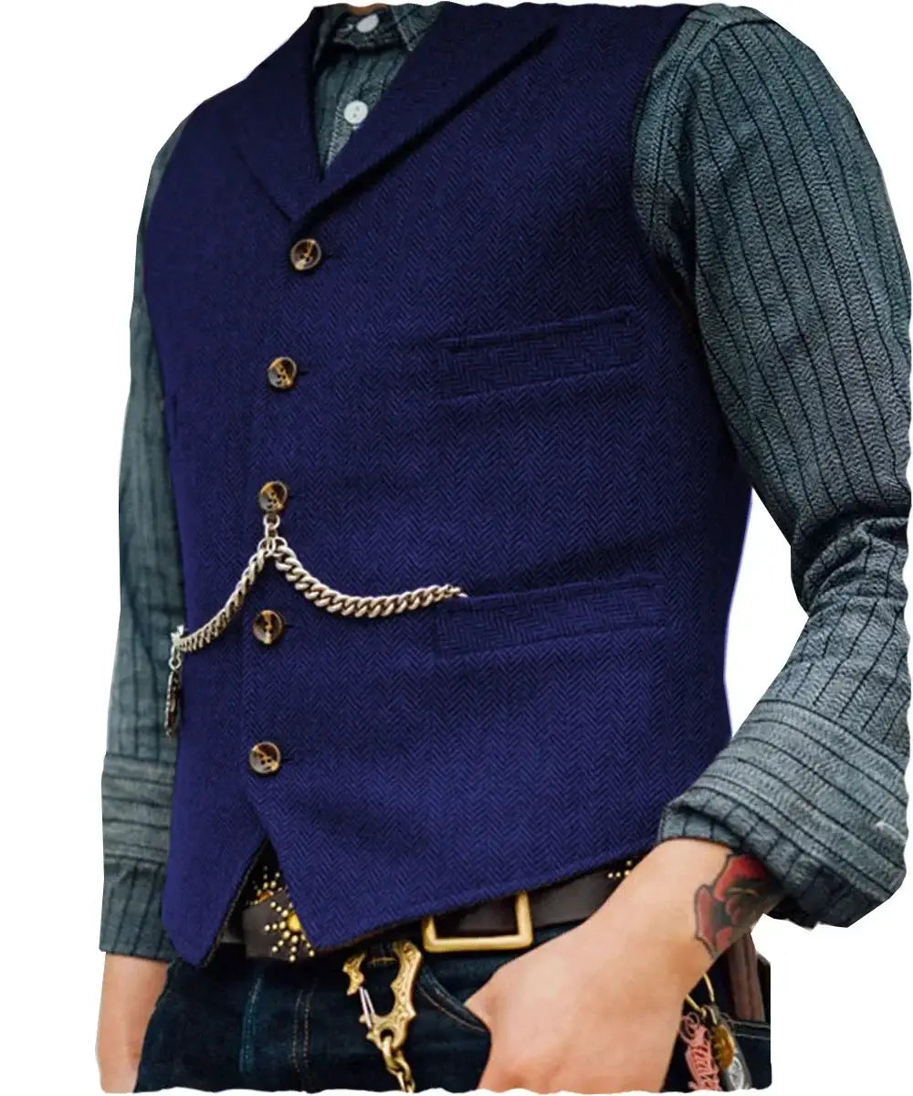 Wool tweed navy men's vest waistcoat with chain detail, sleeveless formal wear