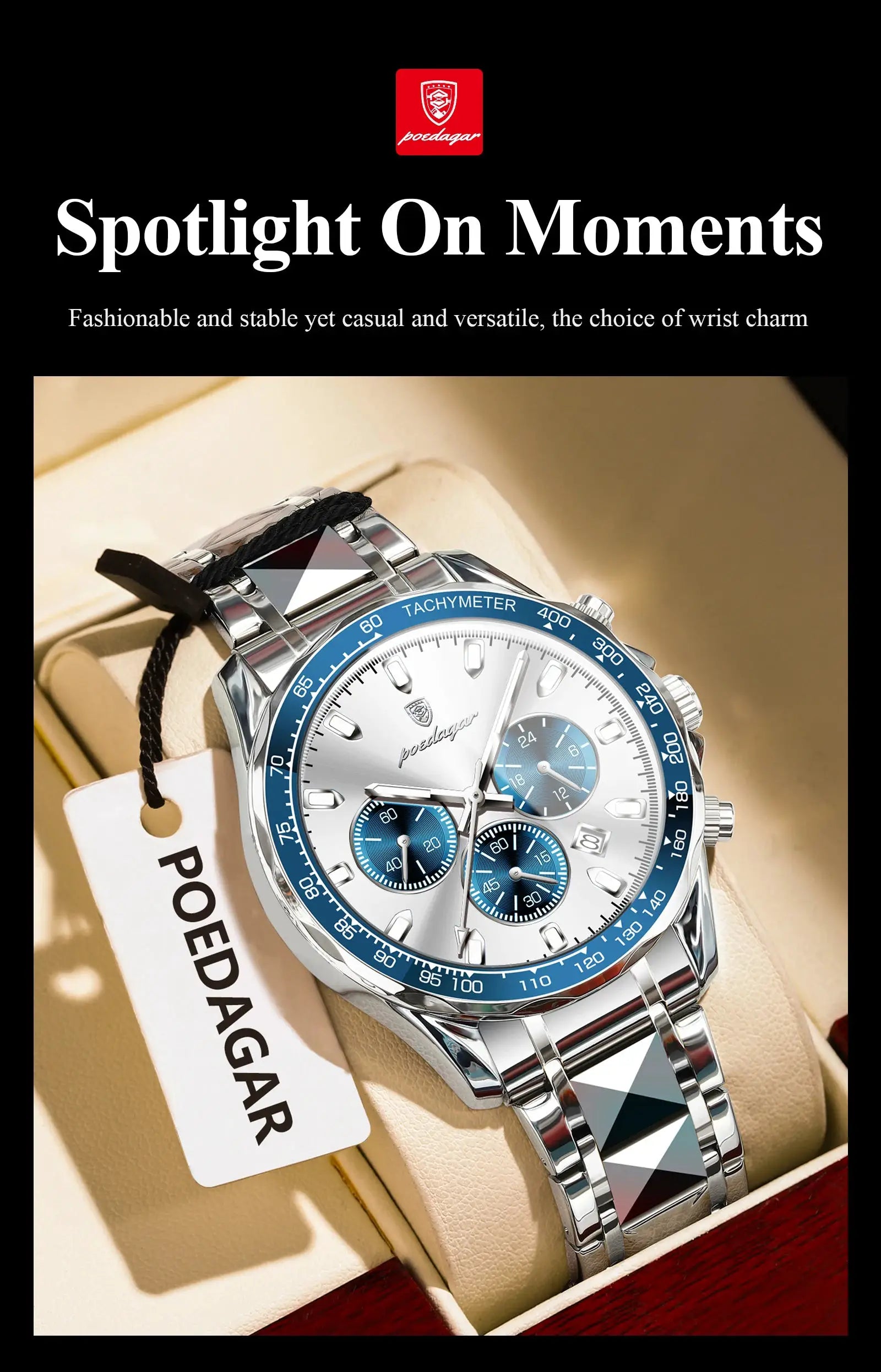 POEDAGAR stainless steel men's chronograph watch with blue tachymeter bezel, boxed