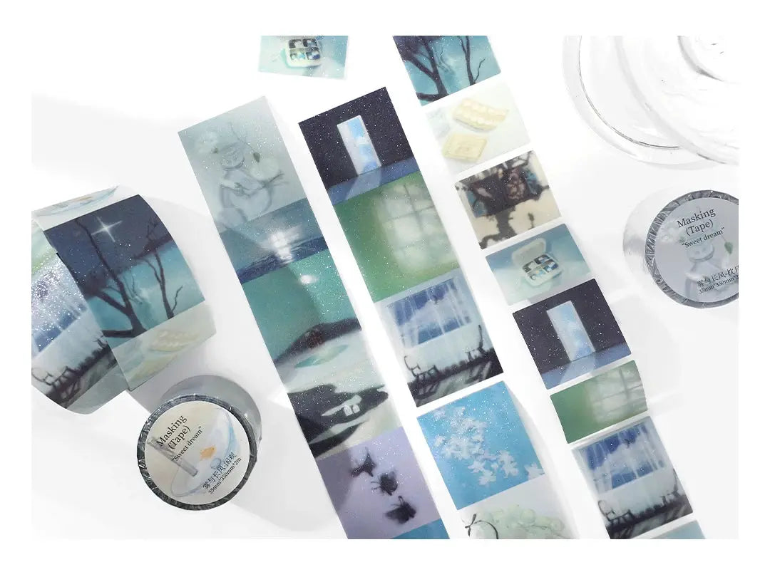 Simples Market 2m scenic PET tape roll set for journaling; blue-green nature motifs for scrapbooking