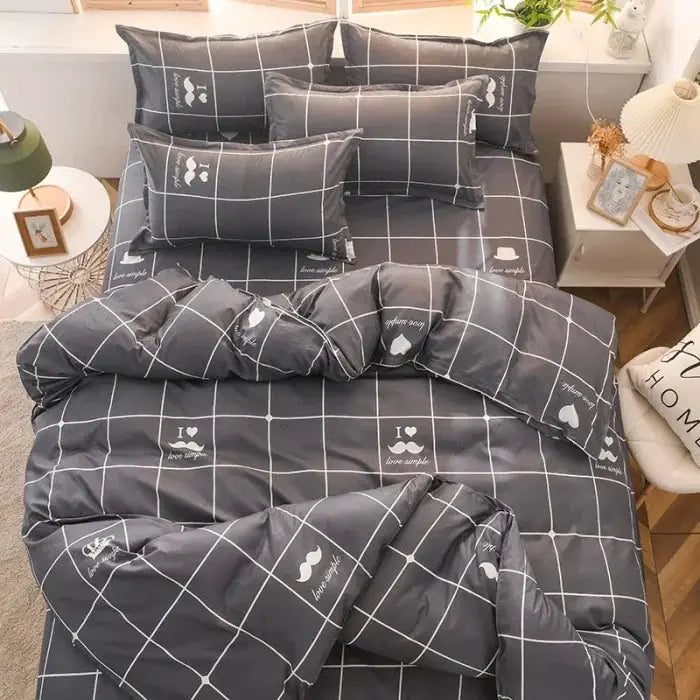 Cotton bedding set, four-piece charcoal gray with white grid pattern, duvet cover and pillowcases by Simples Market