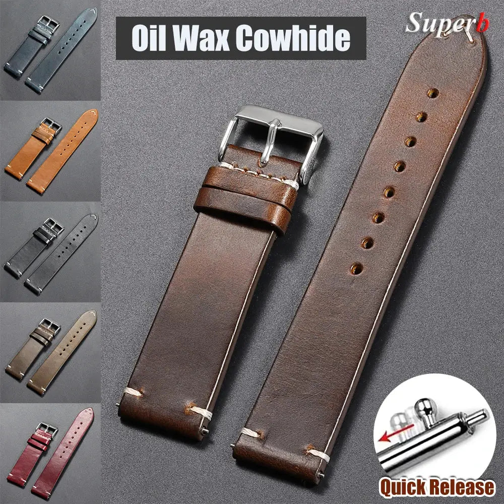 TimelyCraft Vintage Oil Wax Leather Watchband Universal Fit For Omega Seiko Rolex Galaxy Huawei