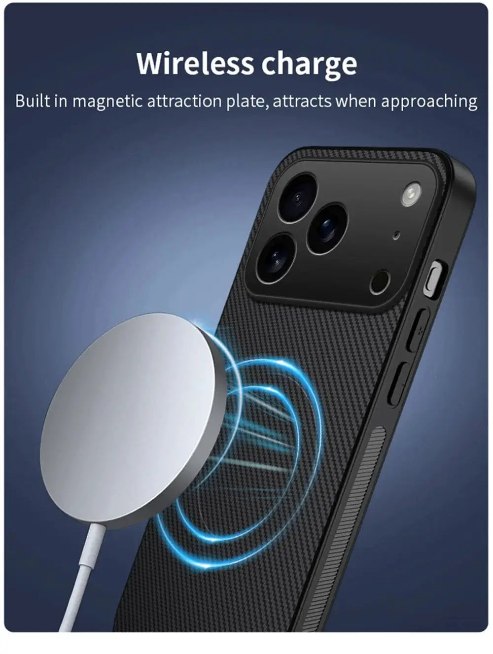 Leather MagSafe phone case by Simples Market black carbon fiber pattern for iPhone 13–17 Pro Max with wireless charging