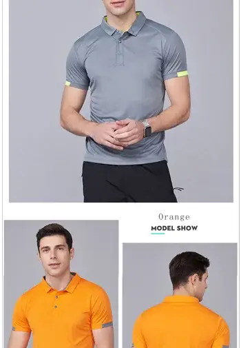 Polo shirts set: quick-drying, breathable golf polos in gray and orange (3 shirts shown)