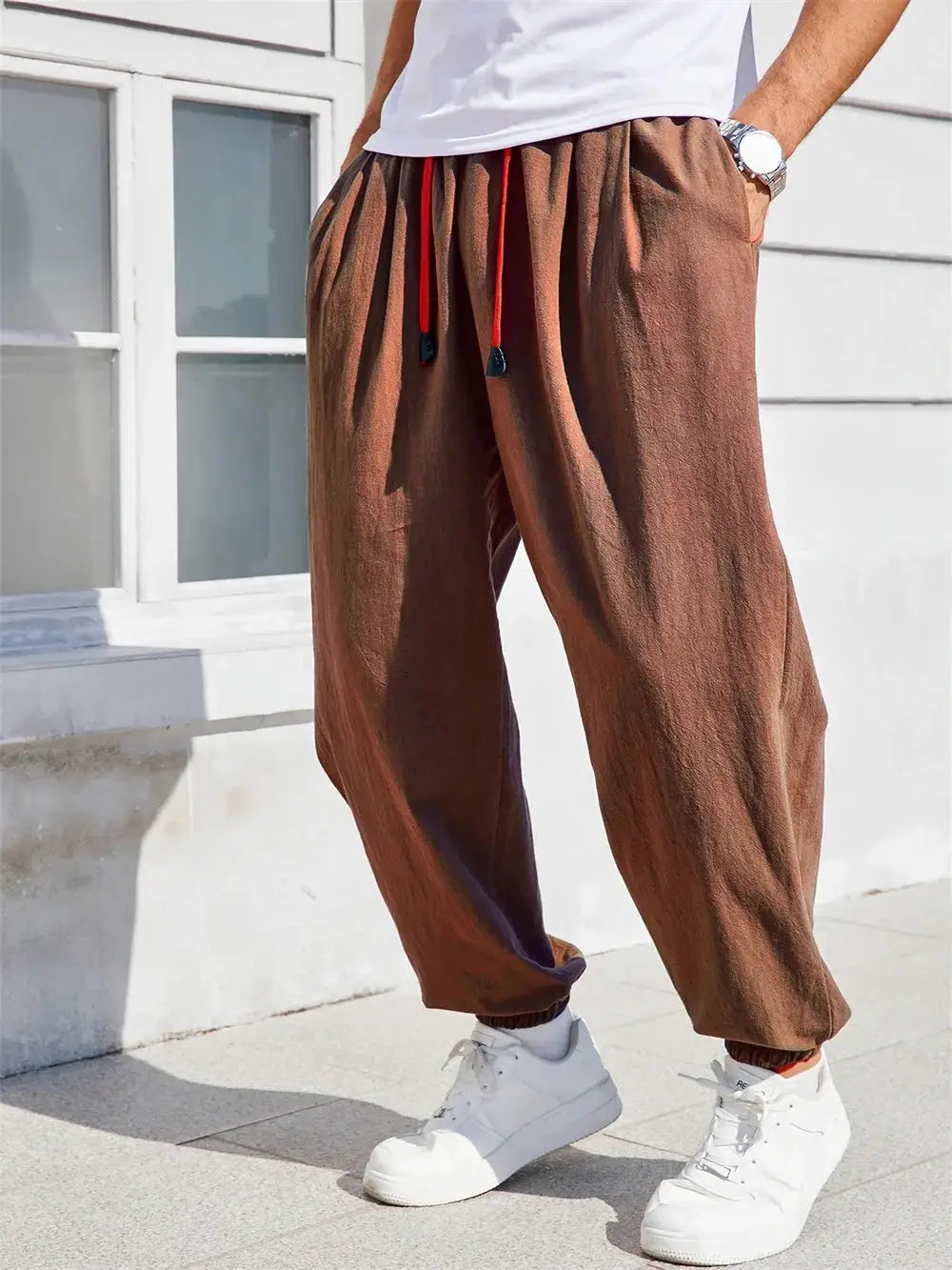 Men's brown cotton-linen harem pants, loose-fit joggers with red drawstring