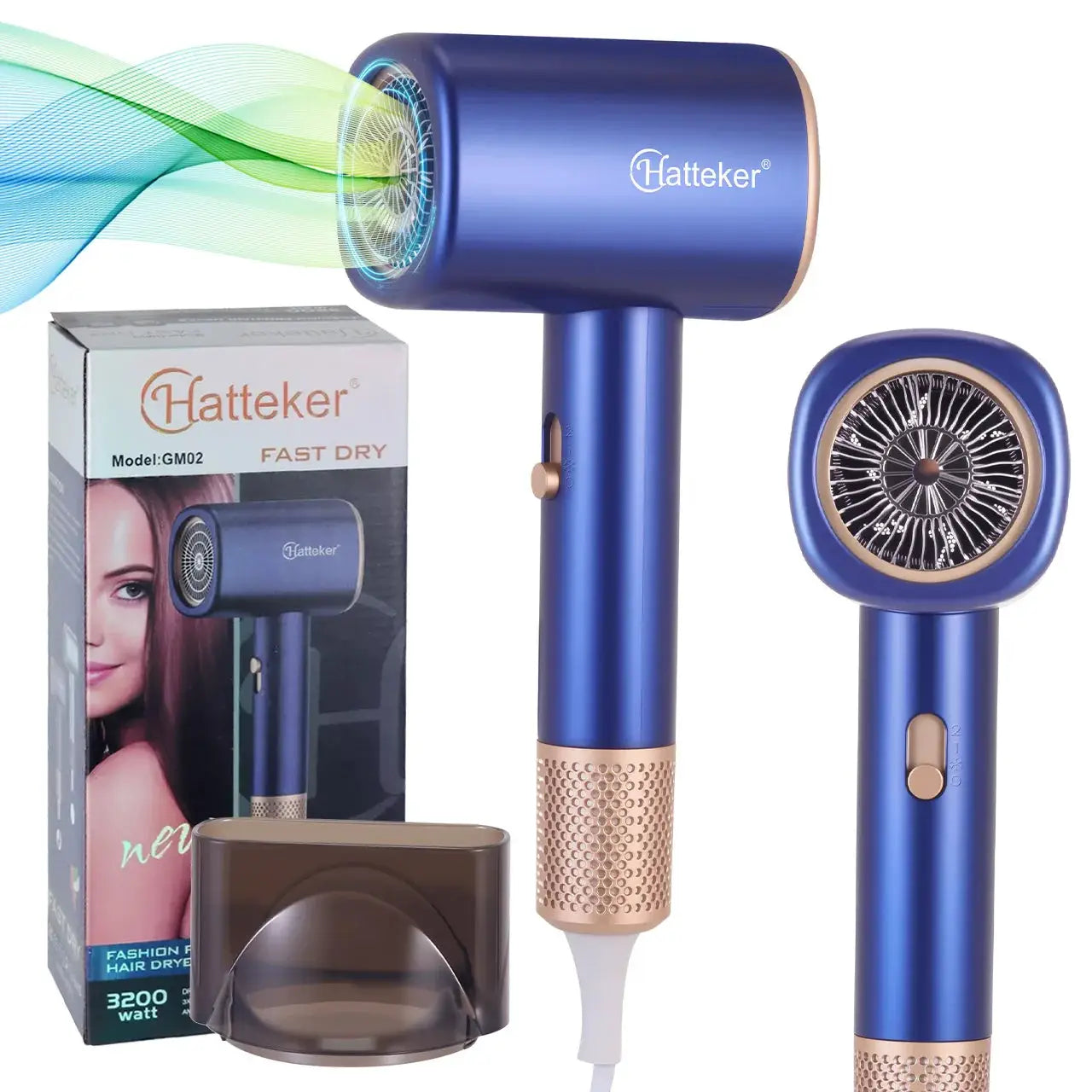 Hair dryer by Hatteker, blue with gold accents, 3200W, 6 heat levels