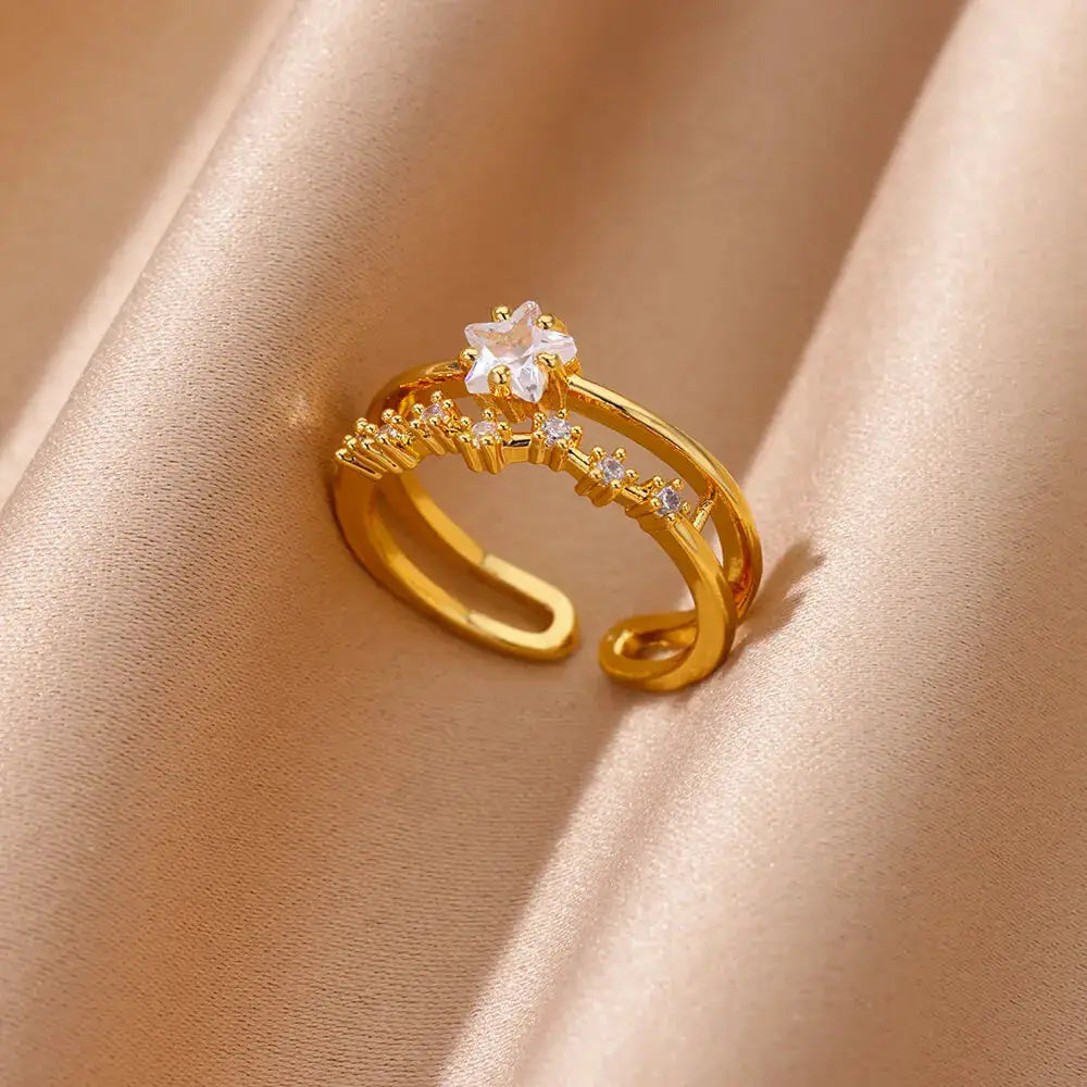 Zircon Geometric Heart Ring For Women Stainless Steel With 18K Gold Plating Luxury Aesthetic Jewelry Gift