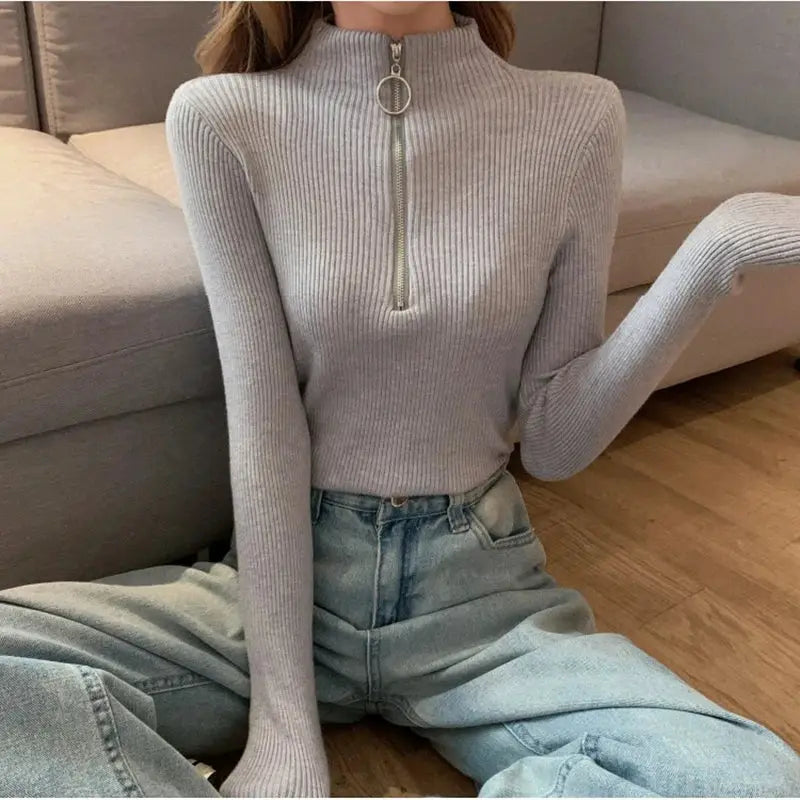 TrendWeave Zipper Half High Neck Knit Sweater Pullover For Women Autumn Winter Slim Solid Knitwear