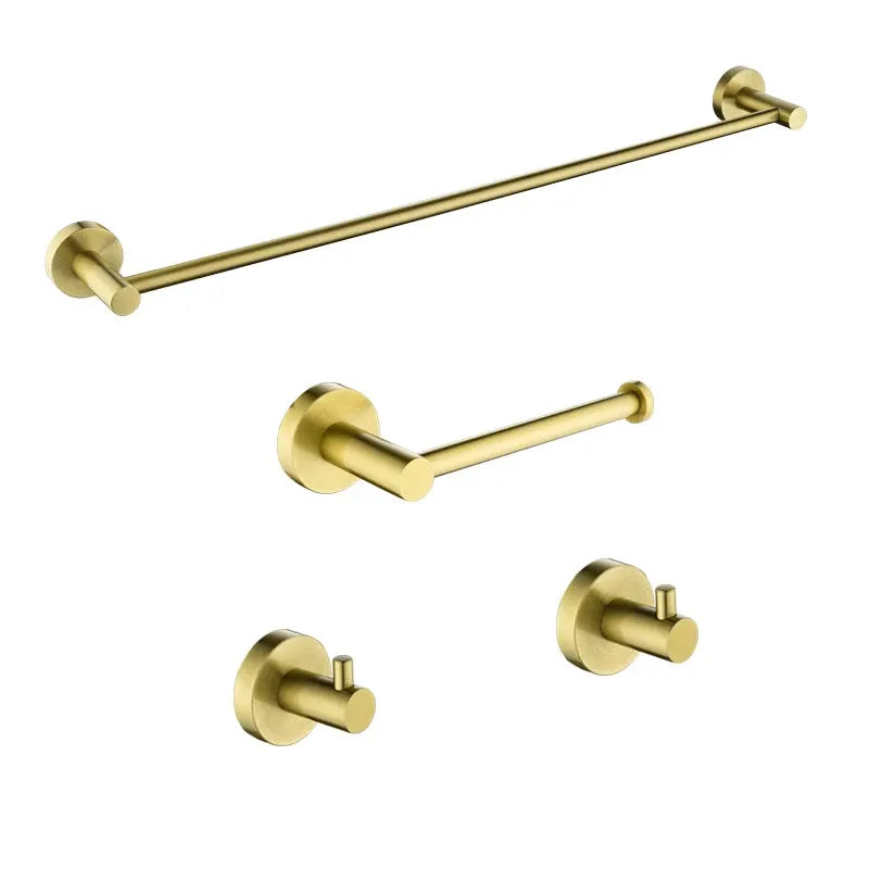 Brushed gold 4-piece bathroom hardware set including towel bar, paper holder, and two wall hooks