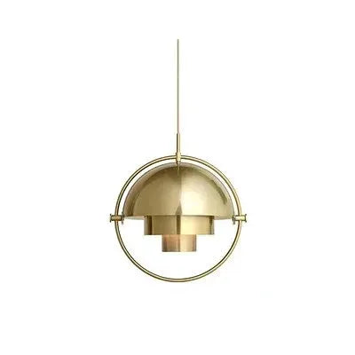 Gold brass pendant light with circular ring and stacked cylindrical shade for kitchen island