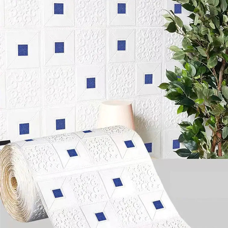 Simples Market 3D brick-pattern wallpaper roll 70cm x 1m, white with blue square accents, waterproof.