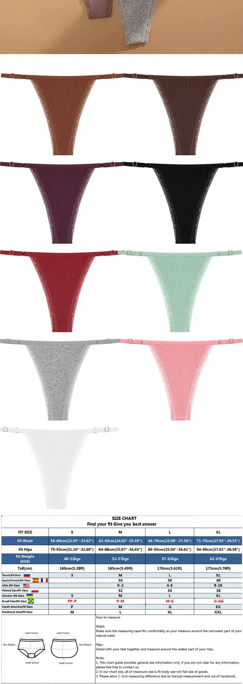 Simples Market 5-pack cotton G-string thong underwear in assorted colors with lace trim and adjustable waist