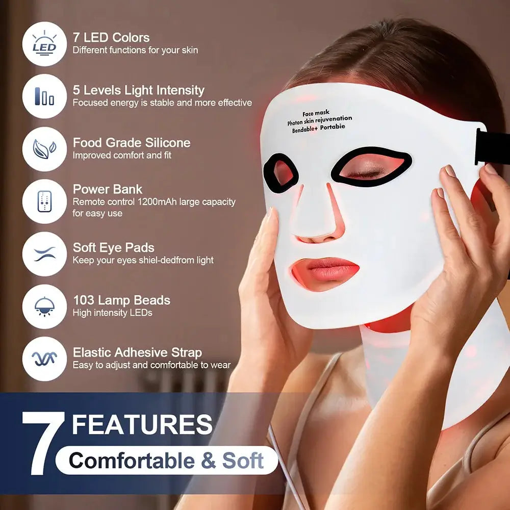 Silicone LED Mask With Neck 7 Color Photon Therapy Anti Aging Brighten