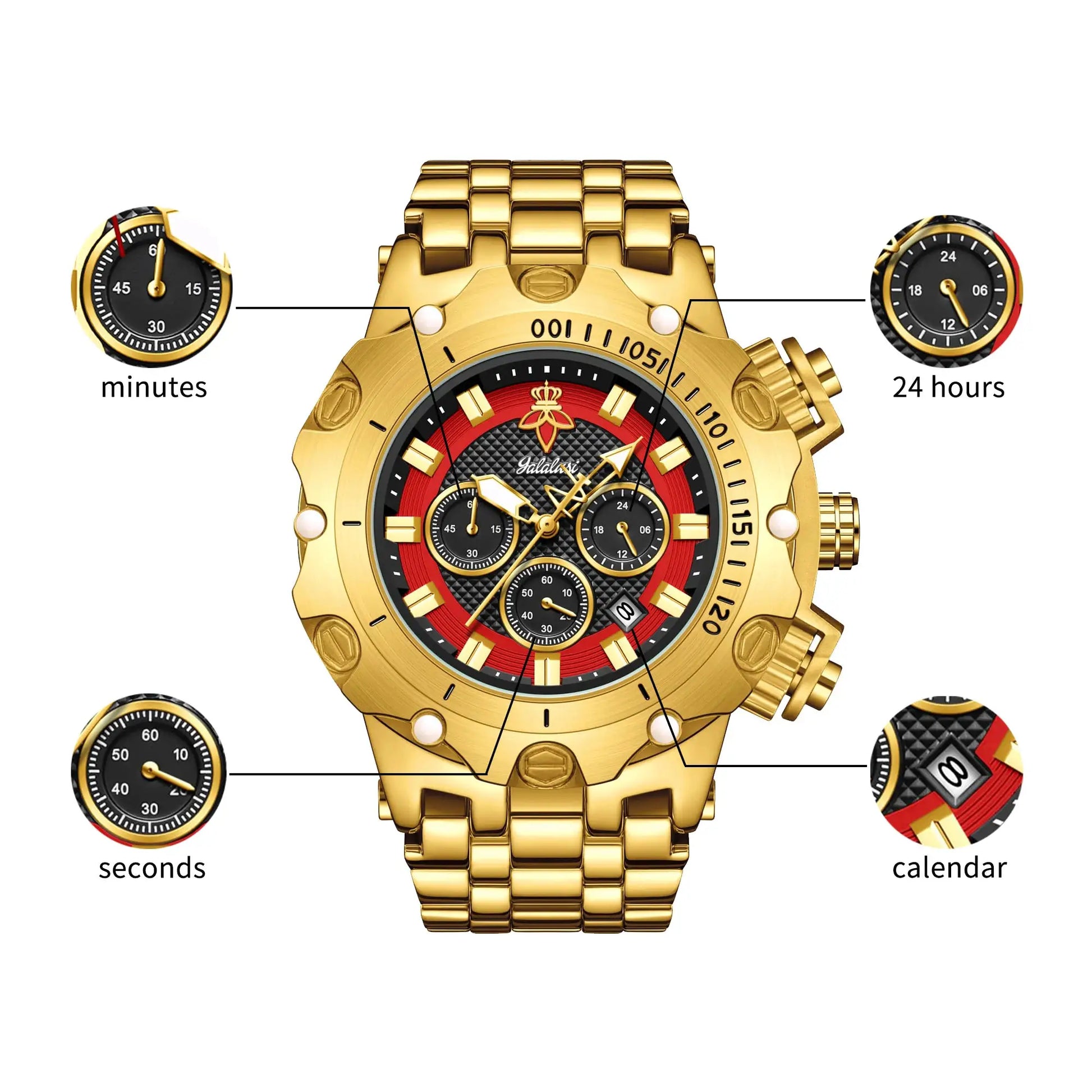 YaLaLuSi men's gold multifunction watch with metal bracelet and multiple sub-dials