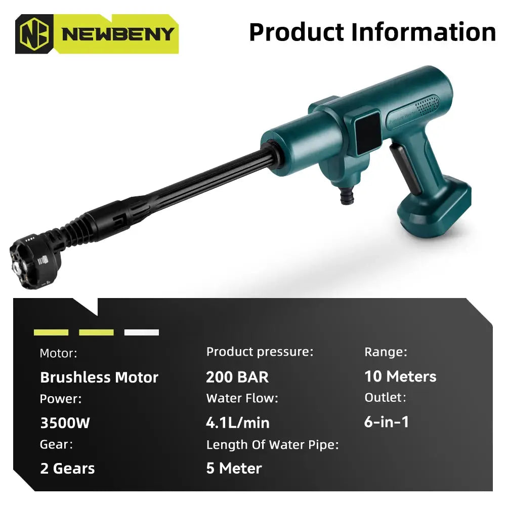 Newbeny 200Bar Brushless High Pressure Washer Gun 6 In 1 Electric Cordless Garden Washing Water Spray For Makita Battery
