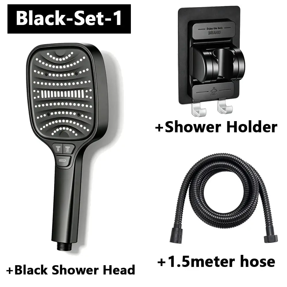 Simples Market square handheld showerhead set with 8 modes in silvery finish; includes wall holder and 1.5m hose 3-piece