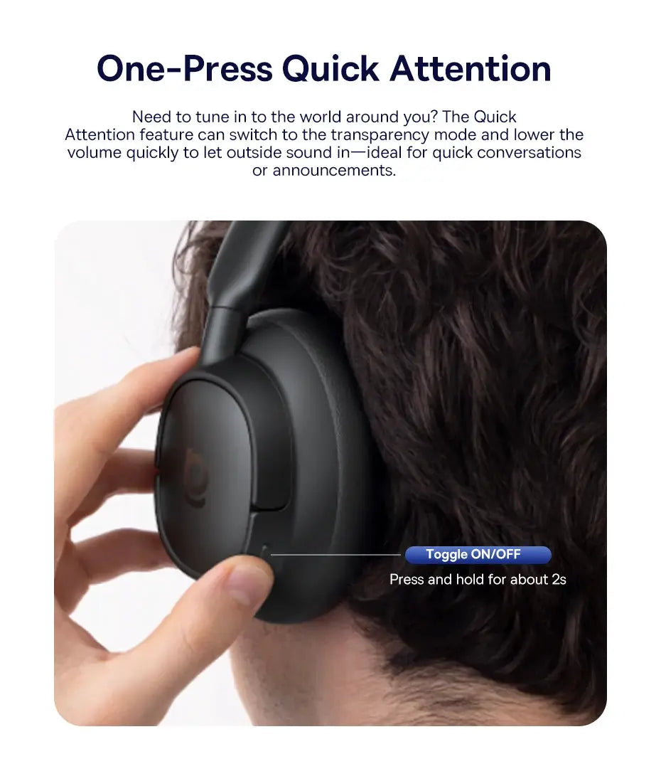 Baseus EH10 NC over-ear wireless headphones in black with visible ON/OFF toggle label on earcup