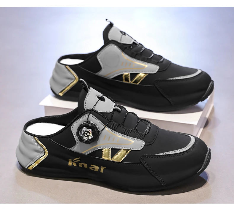 Knar men's lightweight sneakers in black and gray with gold accents, pair