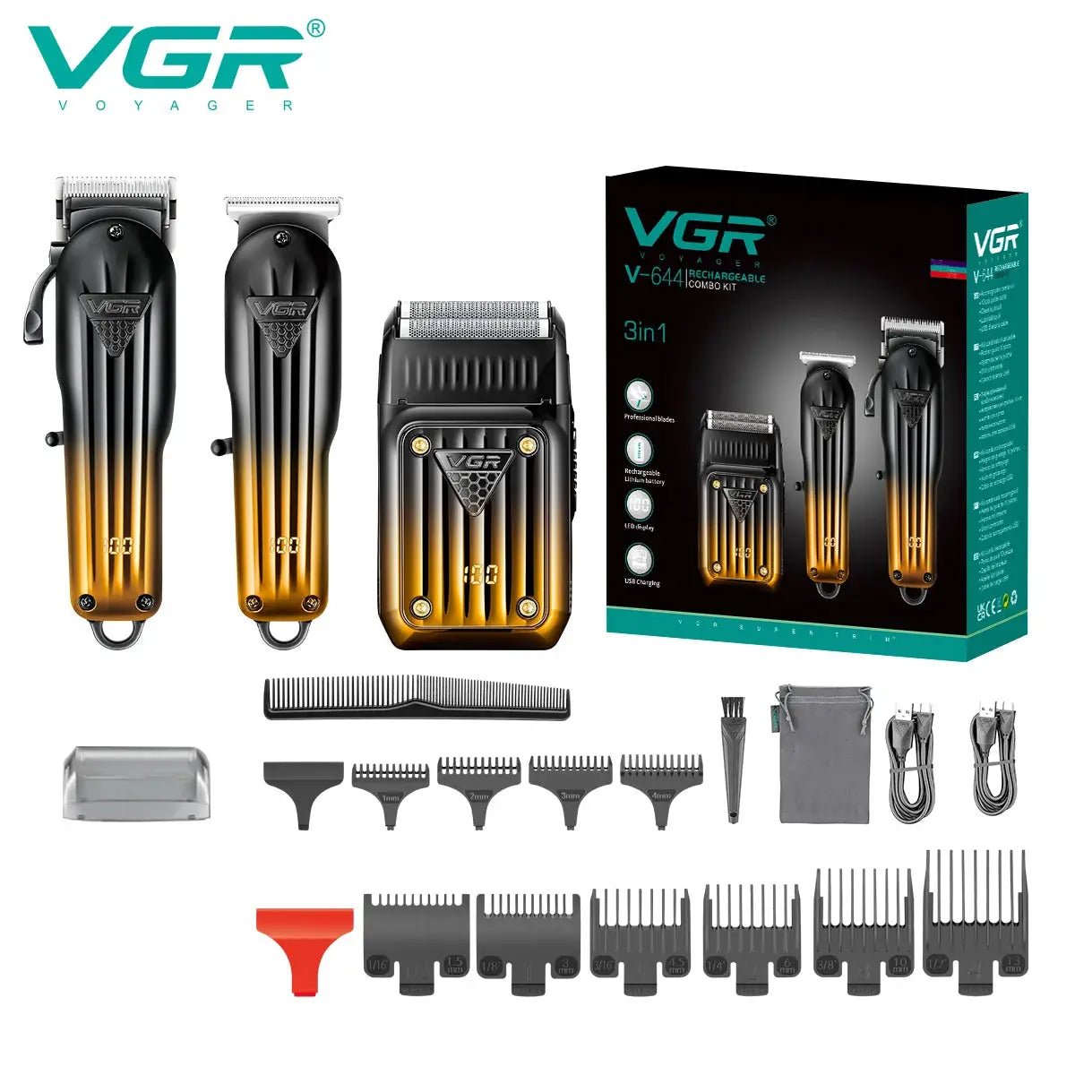 VGR 644 gradient black-to-gold 3in1 hair cutting kit; rechargeable cordless clippers with guards