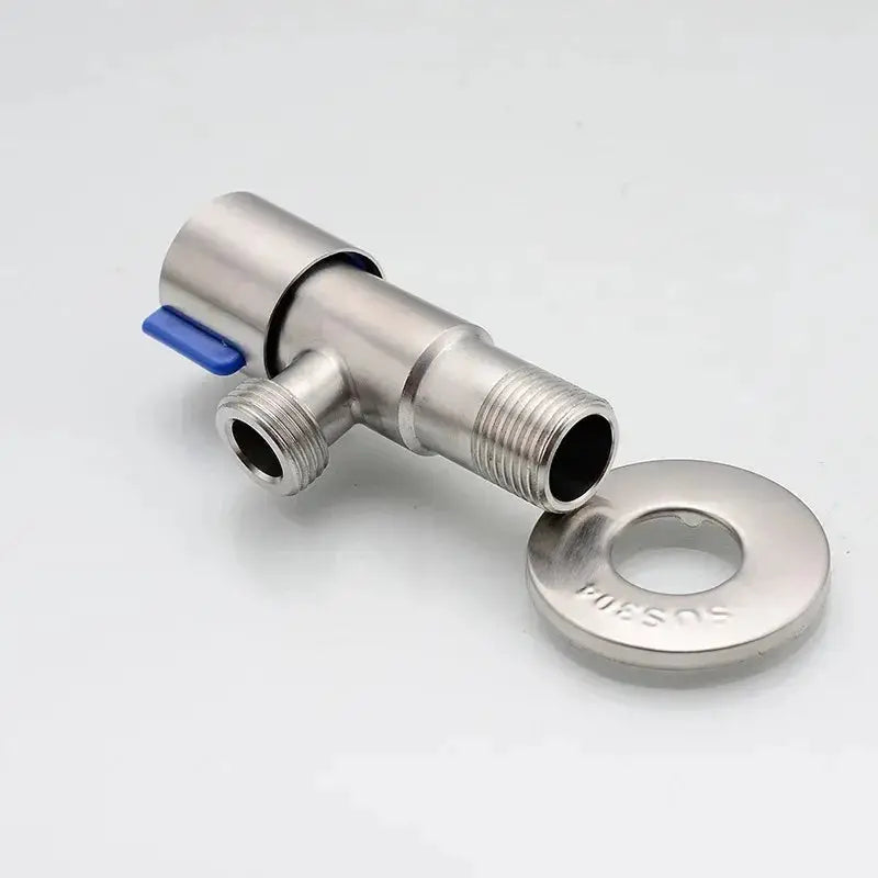 Stainless steel two-way bathroom angle valve with blue lever, G1/2 thread inlet and escutcheon ring