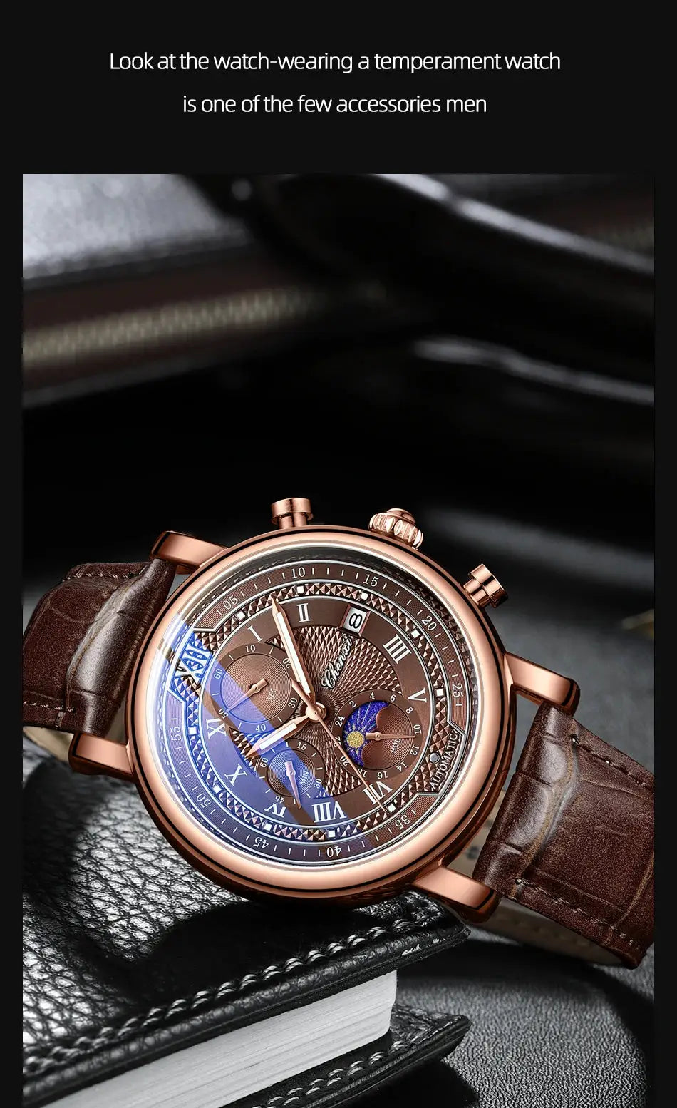 Chenxi 976 leather chronograph watch with rose-gold case, brown leather strap, moon phase display