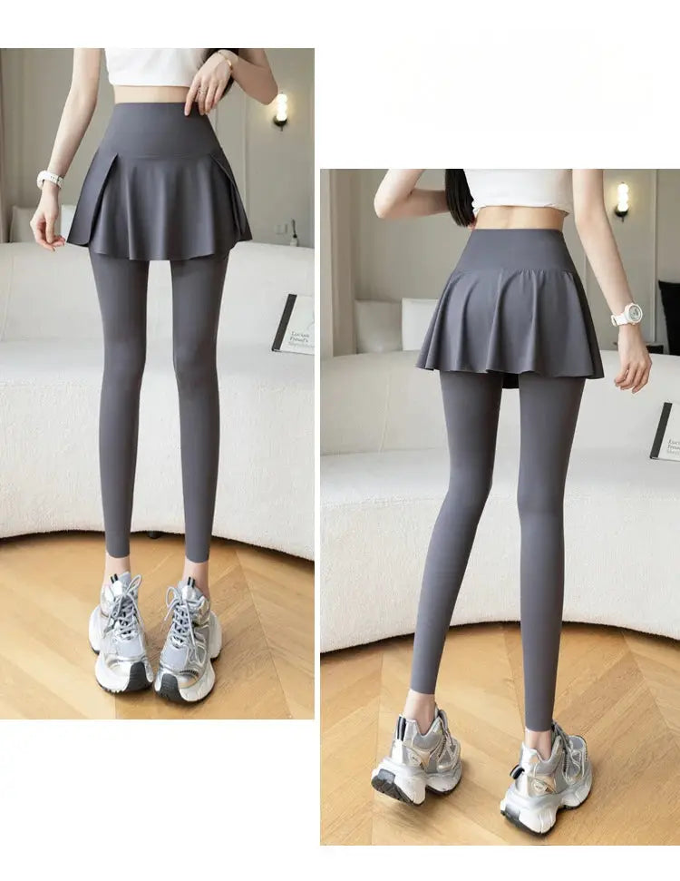 Women’s high-waist seamless gray leggings with skirt overlay for fitness and yoga