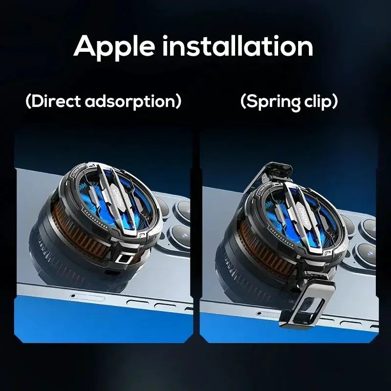 Simples Market magnetic back-clip 2-in-1 phone cooler with blue accents, two units shown for iOS/Android