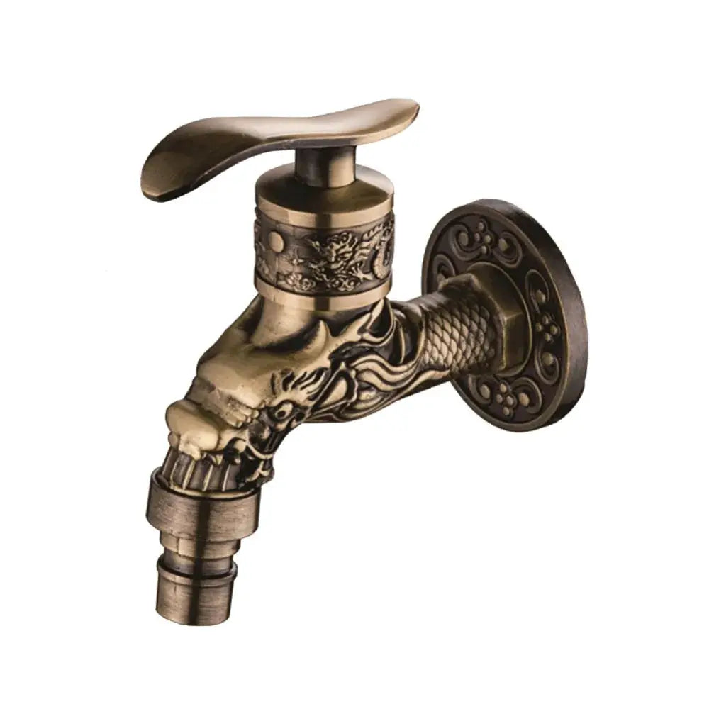Outdoor wall-mounted brass faucet with dragon-carved zinc alloy body, Simples Market decorative garden faucet.