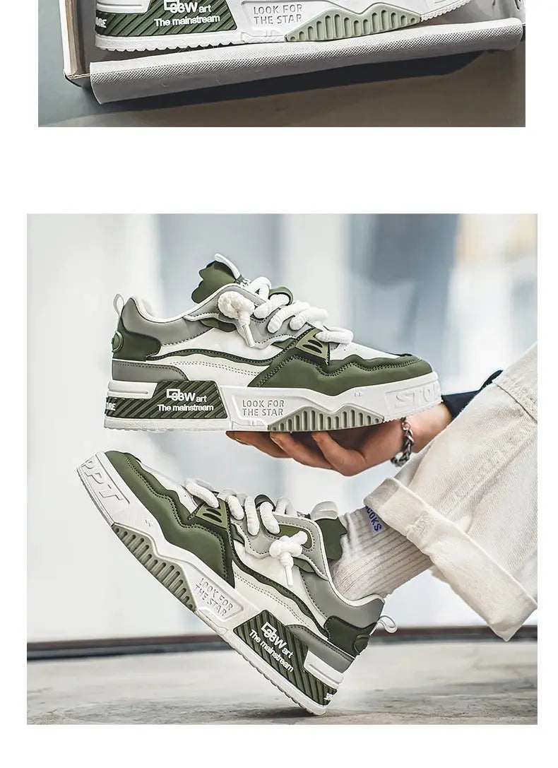 Pair of men's trendy skate sneakers in olive green and white with a chunky non-slip sole.