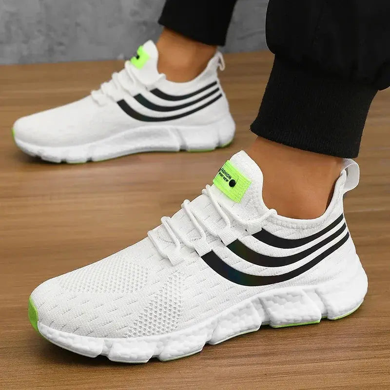 Simples Market pair of white breathable sneakers with black stripes and neon green accents, platform running shoes.