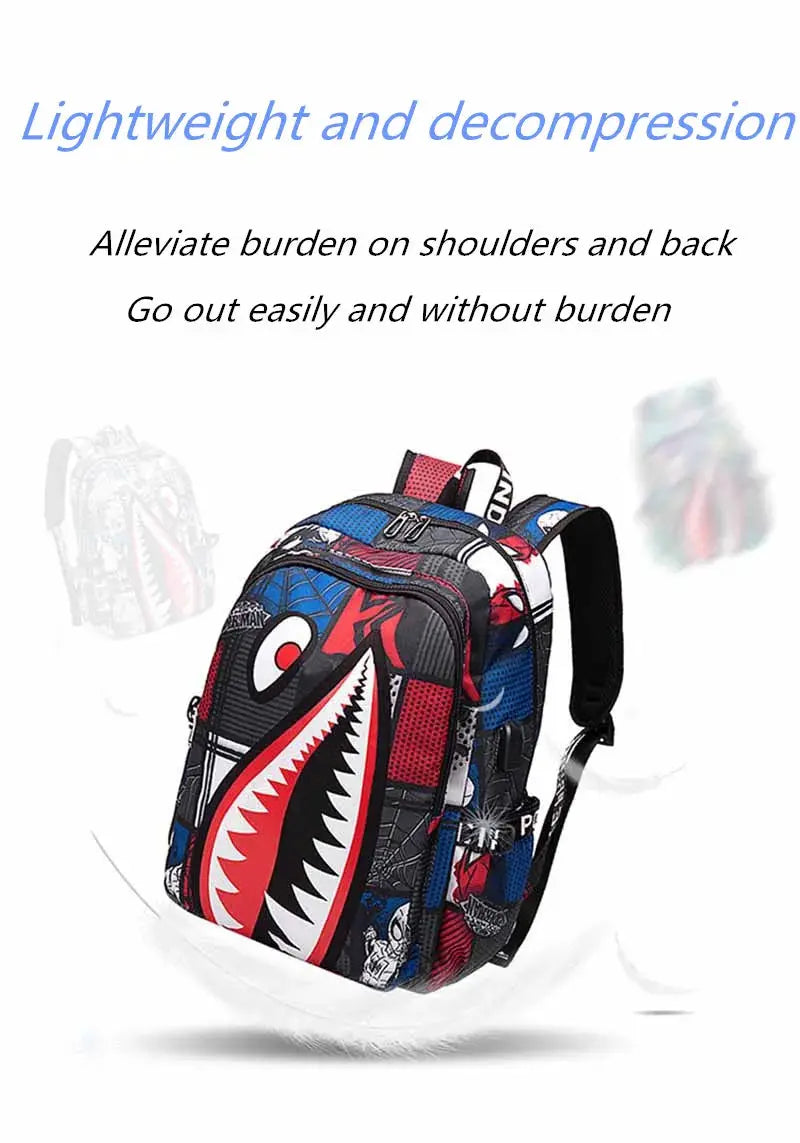 Simples Market shark print backpack for kids, lightweight elementary bookbag with cartoon shark design