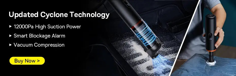 Baseus cordless car vacuum cleaner handheld with blue light, black body and orange trim.