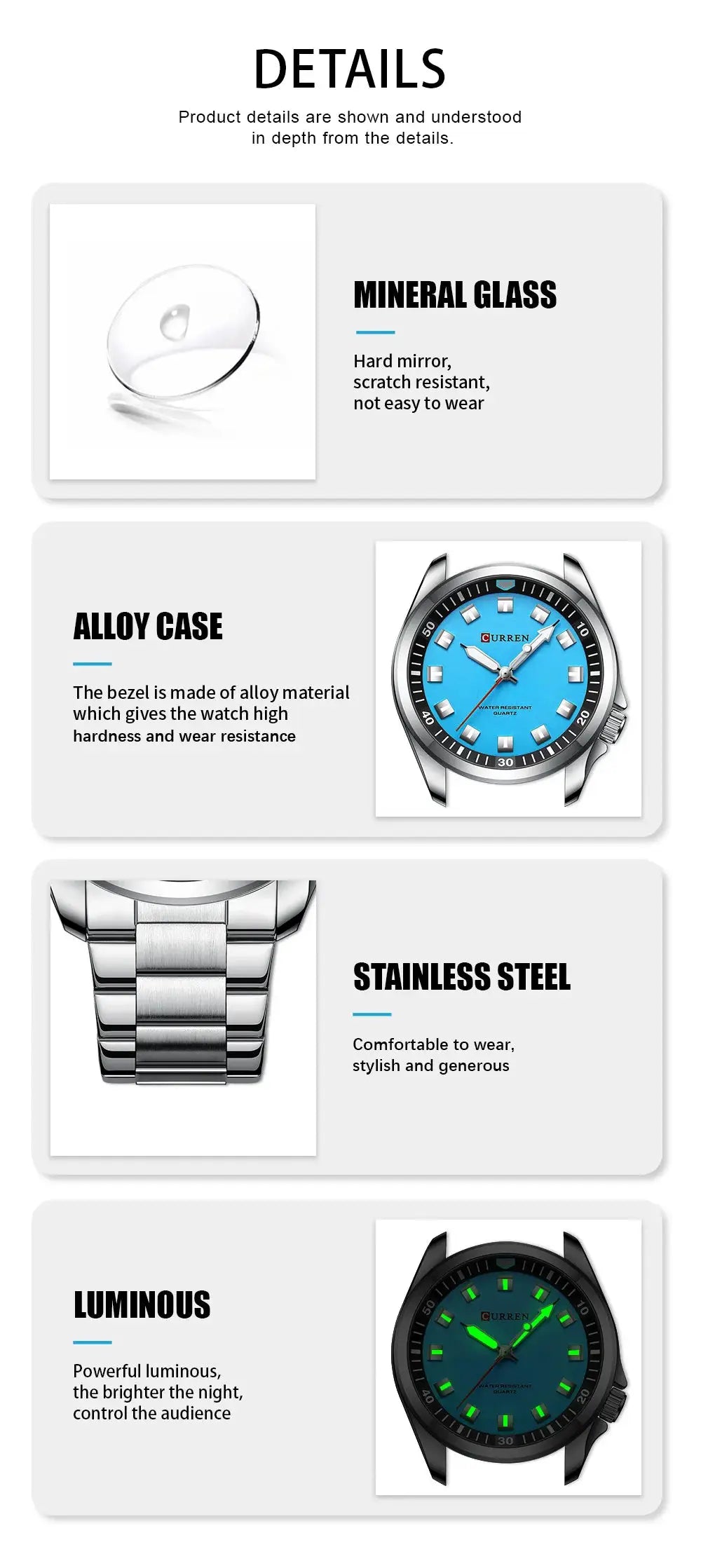 CURREN 8451 men's wristwatch with blue dial, stainless steel case and bracelet, mineral glass