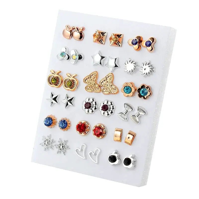 18 Pairs Set Gold Sliver Enamel Pearl Flower Heart Stud Earrings For Women Plastic Butterfly Jewelry Gift Mix Style - Simples Market