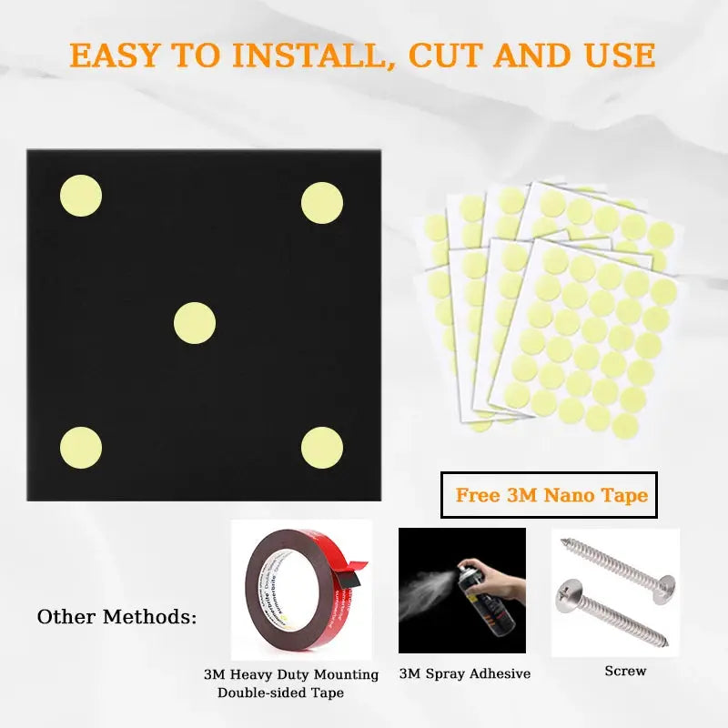 TOUO sound-absorbing foam panels by Simples Market, black with yellow mounting dots; 6–48 pcs; free 3M Nano Tape