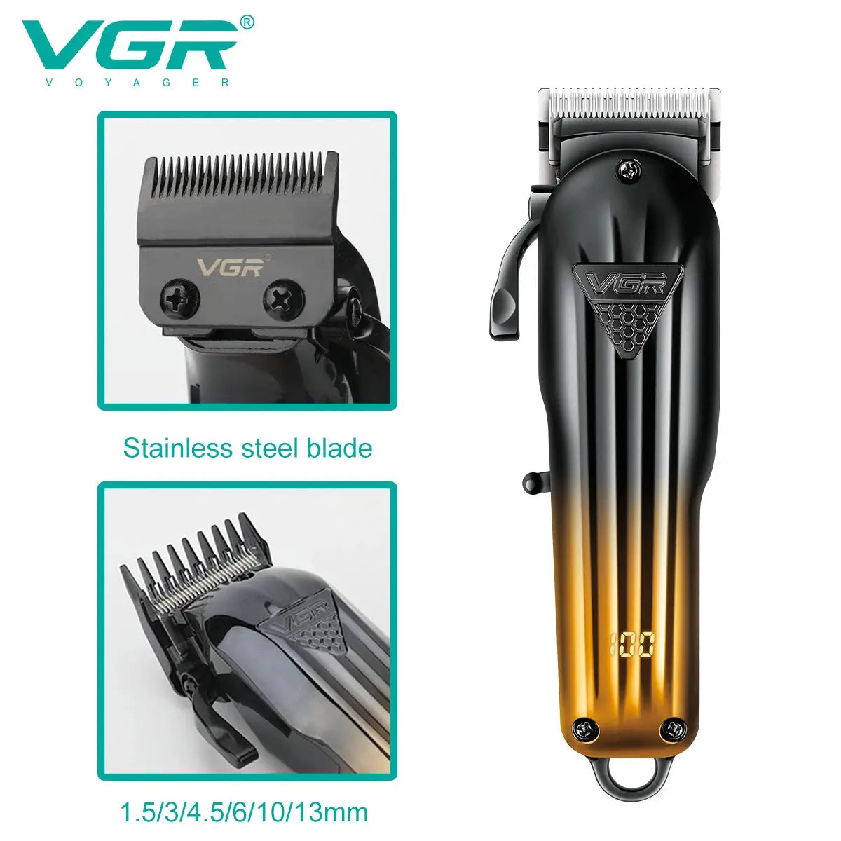 VGR gradient hair clipper with stainless steel blade and 1.5–13mm combs, rechargeable professional clippers