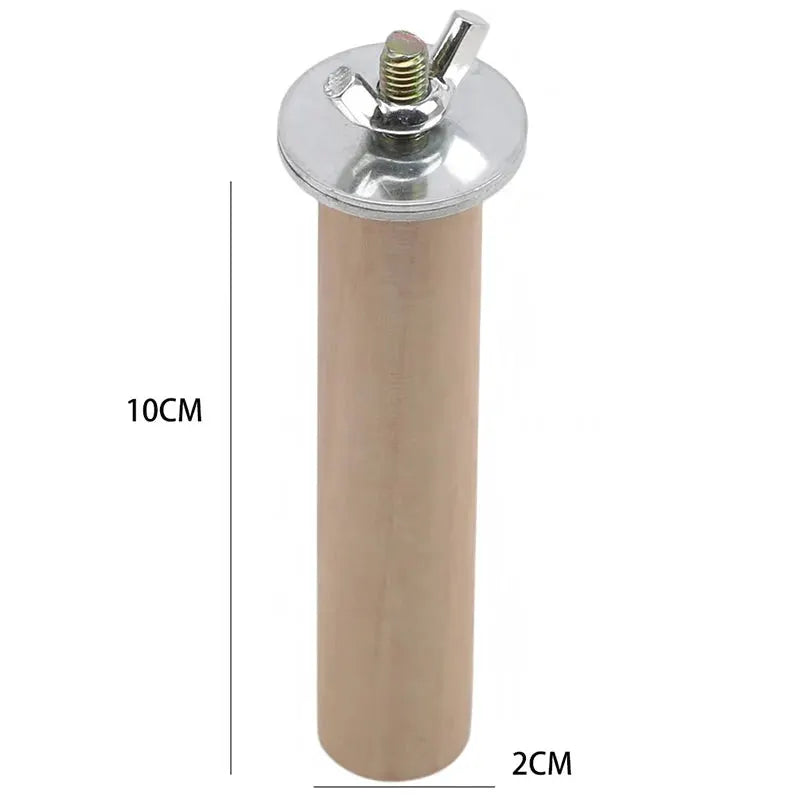 Parrot perch stand by Simples Market; wooden dowel with metal mounting disk, 10 cm tall, 2 cm diameter