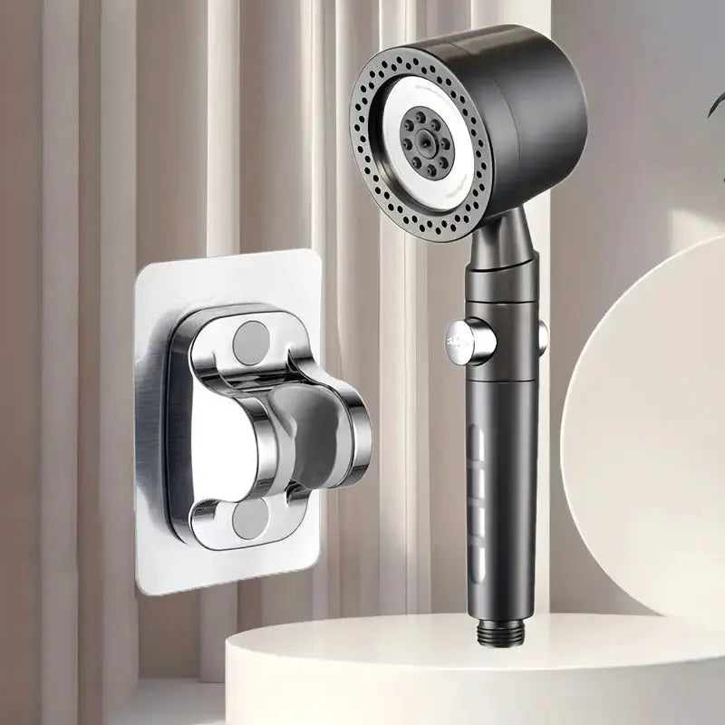 Handheld high-pressure water-saving filter shower head with 5 modes and one-button stop, matte black