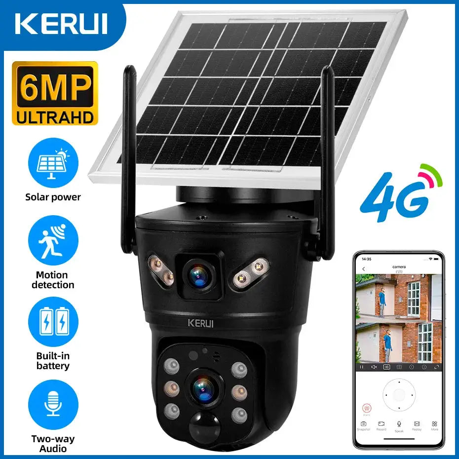 KERUI outdoor 6MP solar security camera with 4G, dual lens and built-in battery