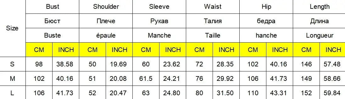 Simples Market women's one-piece ski suit size chart with S–L bust, waist, hip, and length measurements.