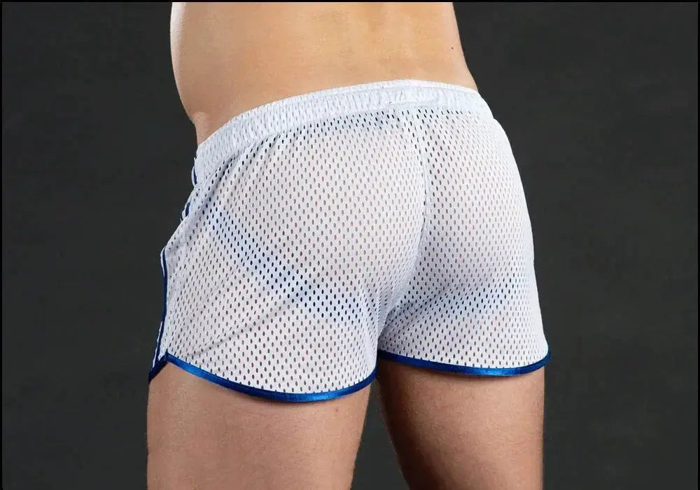 Men's white mesh gym shorts with blue trim, quick-dry breathable grid pattern