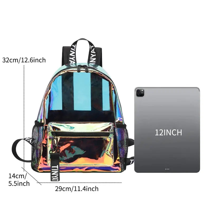Simples Market TINYAT clear PVC backpack for women, iridescent finish with front pocket, 32x29x14 cm
