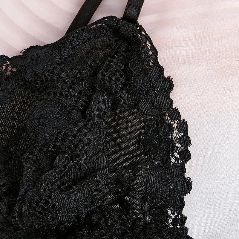 Lace bralette, black floral lace with thin adjustable straps and delicate see-through texture pattern