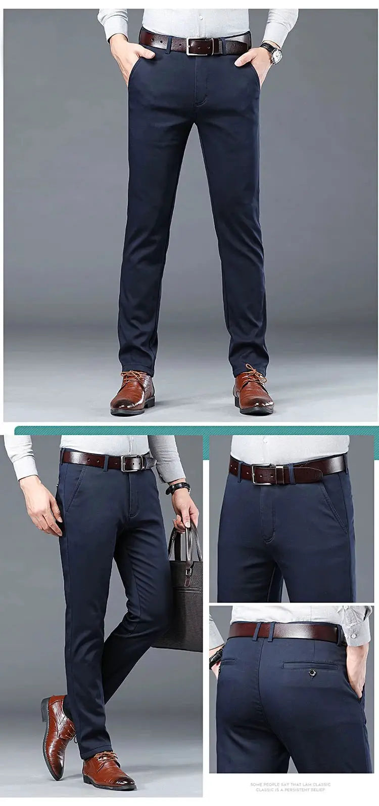 Simples Market men's slim-fit cotton suit pants in navy, business casual with brown belt.