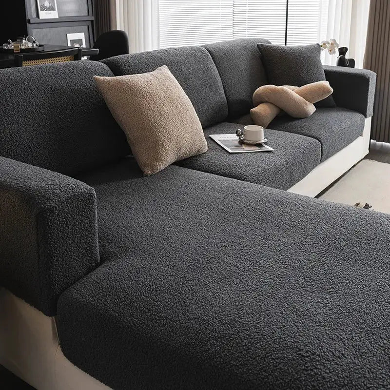 Simples Market 2026 Premium Winter Teddy Fleece Sofa Cover all-season charcoal gray, non-slip elastic seat protector