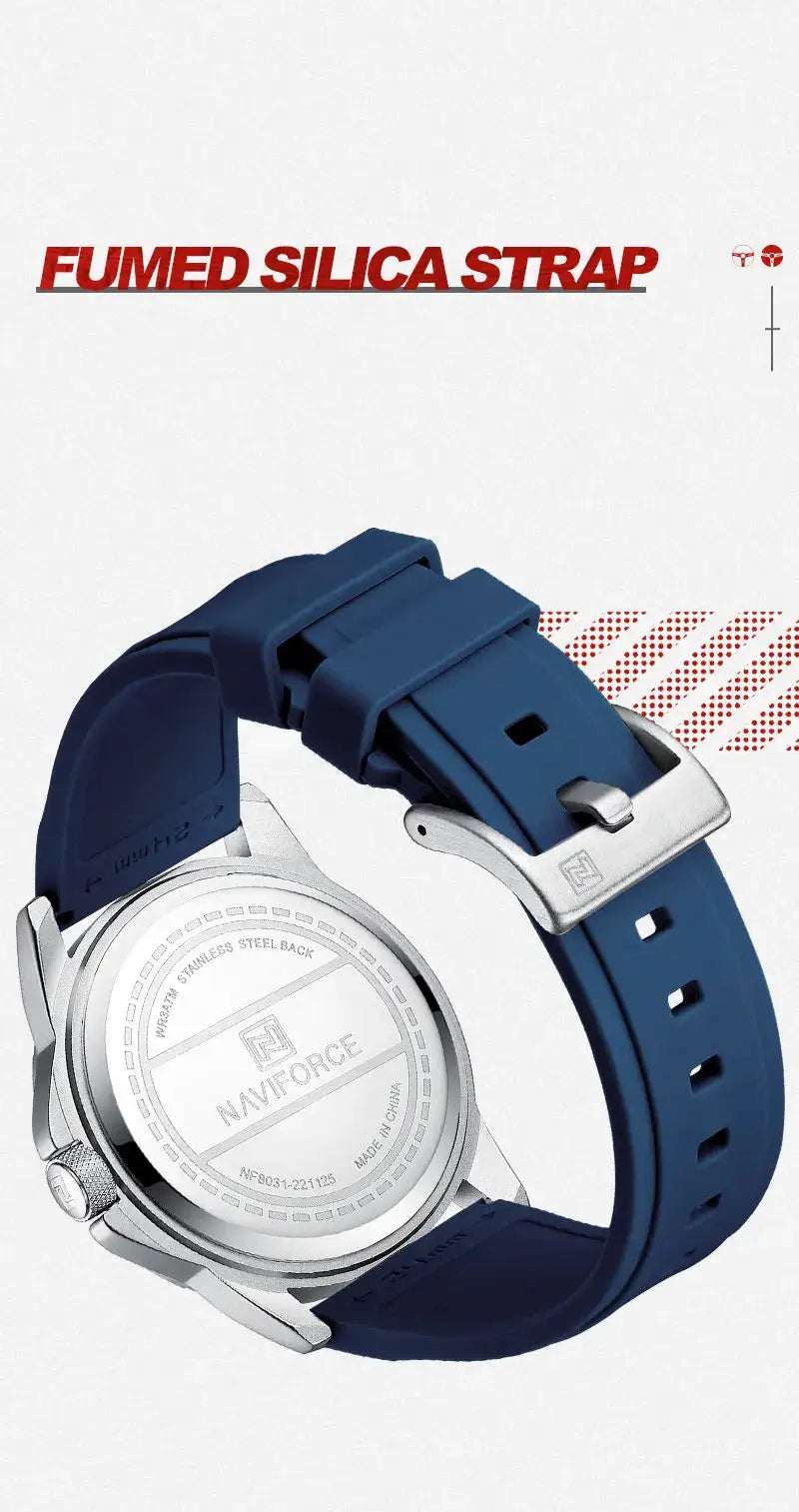 NAVIFORCE men's casual quartz wristwatch with blue silicone strap
