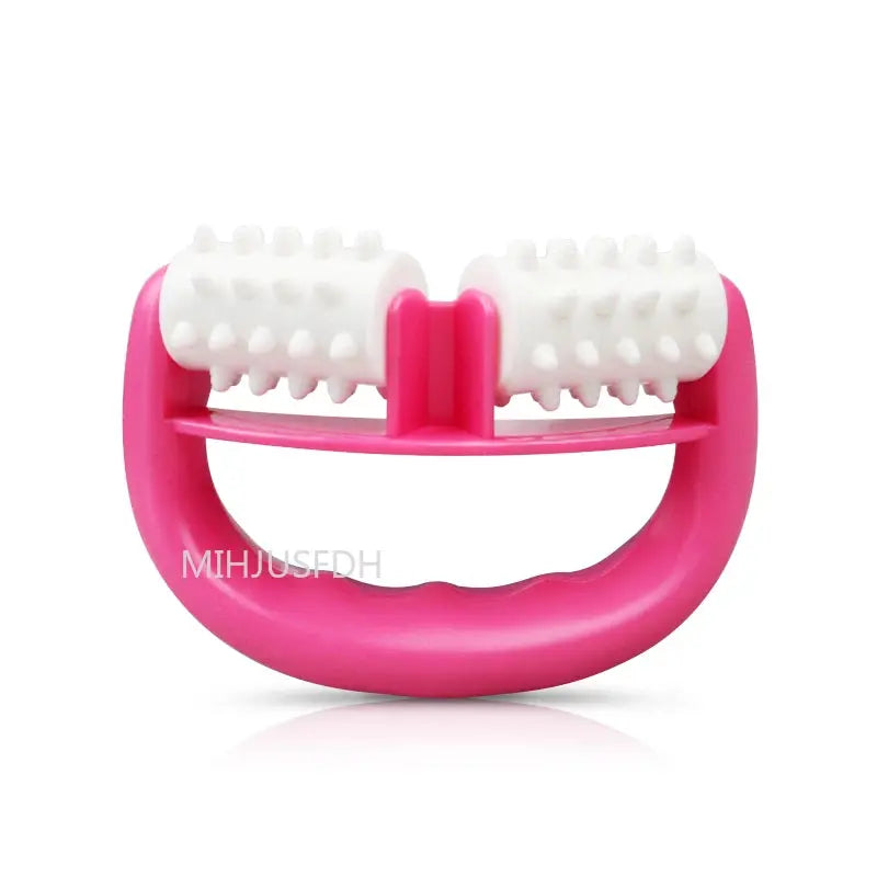 Pink handheld anti-cellulite roller massager with dual white textured rollers